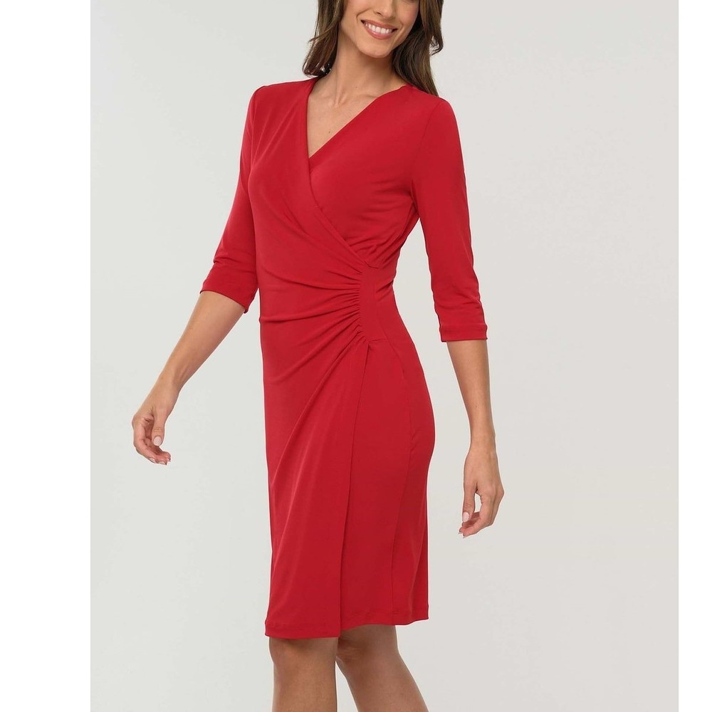 Anatomie Marine Travel Dress Medium Atomic Red Ruched Faux Wrap V-Neck Stretch